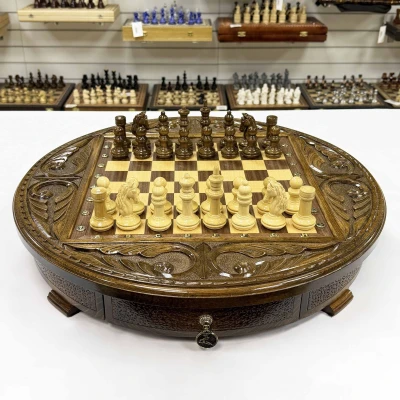 Шахматы деревянные с выдвижным ящиком резные Круг люкс