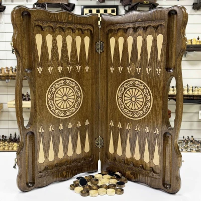 Нарды резные из массива бука с ручкой Восточный цветок 60 см