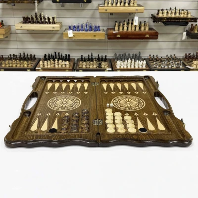 Нарды резные из массива бука с ручкой Восточный цветок 60 см