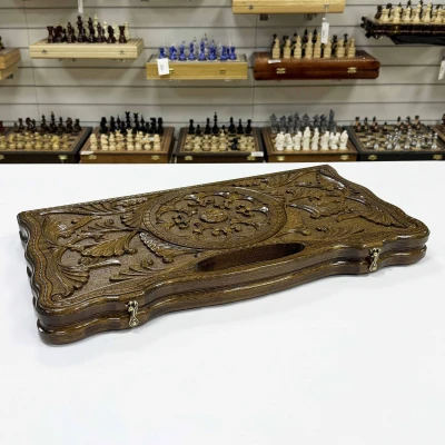 Нарды резные из массива бука с ручкой Восточный цветок 60 см