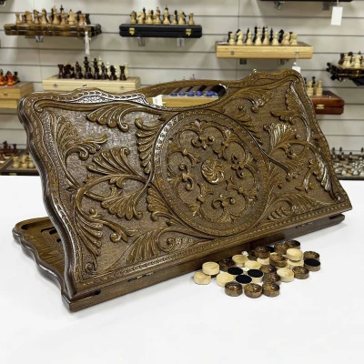 Нарды резные из массива бука с ручкой Восточный цветок 60 см