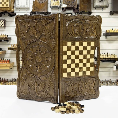 Нарды резные из массива бука с ручкой Восточный цветок 60 см