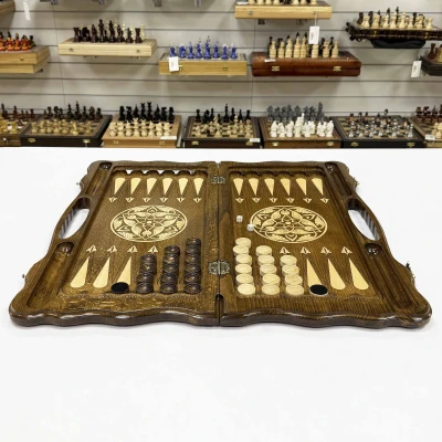 Нарды из массива бука с металлическими вставками с ручкой 60 см