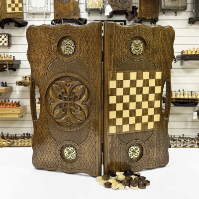 Нарды из массива бука с металлическими вставками с ручкой 60 см