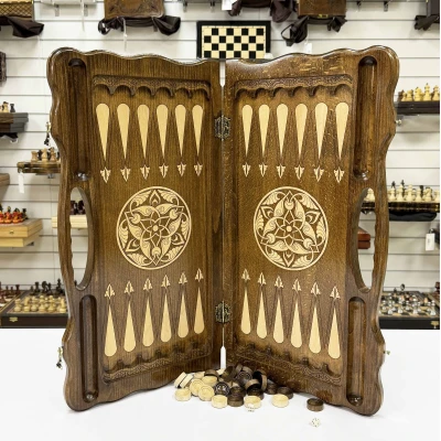 Нарды из массива бука с металлическими вставками с ручкой 60 см