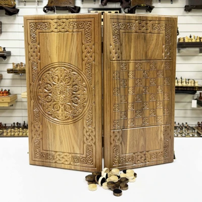 Нарды резные из массива ореха Орнамент 60 см с чехлом