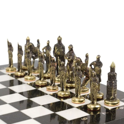 Шахматы подарочные "Русь" с бронзовыми фигурами доска из камня 40х40 см