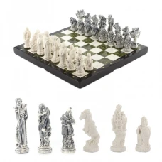 Шахматы подарочные каменные Русские сказки мрамор змеевик/змеевик 40 см