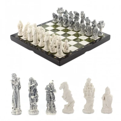 Шахматы подарочные каменные Русские сказки мрамор змеевик/змеевик 40 см