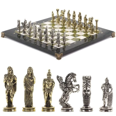 Шахматы декоративные "Александр Македонский" доска 36х36 см камень мрамор змеевик фигуры металлические