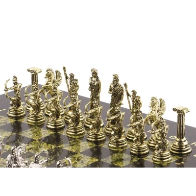 Шахматы подарочные из камня змеевик с металлическими фигурами Римские лучники 28 см