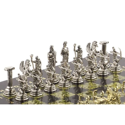 Шахматы подарочные из камня змеевик с металлическими фигурами Римские лучники 28 см