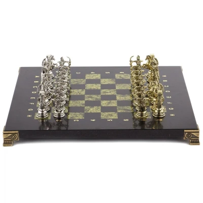 Шахматы подарочные из камня змеевик с металлическими фигурами Римские лучники 28 см