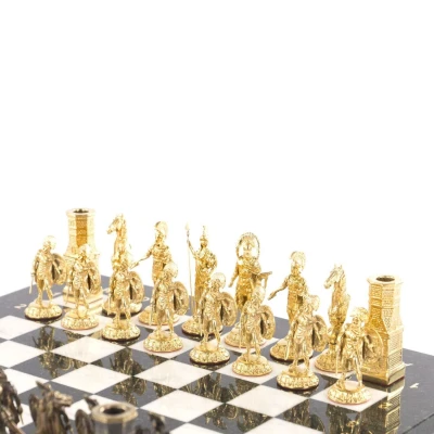 Шахматы подарочные Спарта из камня мрамор и змеевик фигуры бронзовые доска 40 см