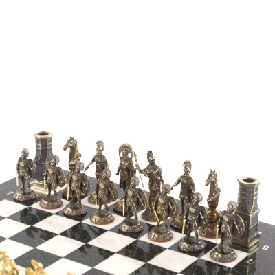 Шахматы подарочные Спарта из камня мрамор и змеевик фигуры бронзовые доска 40 см