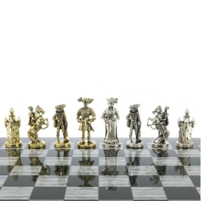 Подарочные шахматы "Средневековье" доска каменная 44х44 см из мрамора фигуры металлические