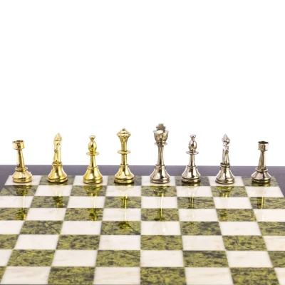 Шахматы подарочные каменные с металлическими фигурами Стаунтон 36 см змеевик