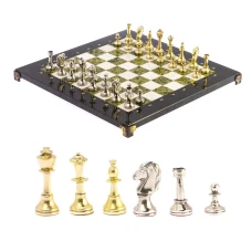 Шахматы подарочные каменные с металлическими фигурами Стаунтон 36 см змеевик