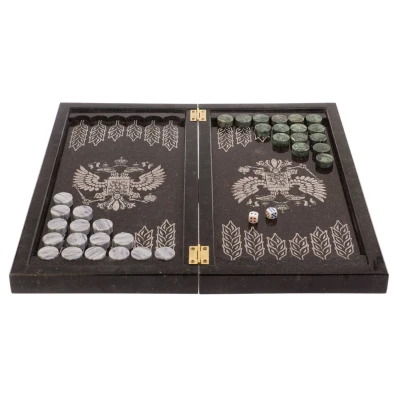 Шахматы нарды шашки каменные Герб РФ мрамор змеевик