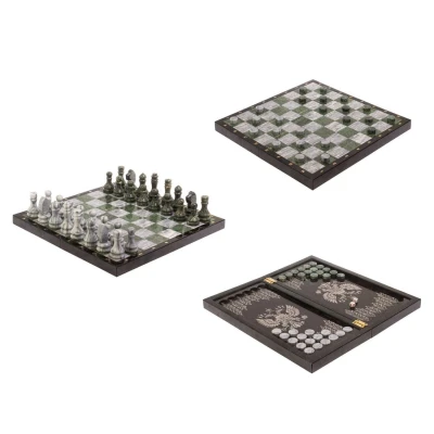 Шахматы нарды шашки каменные Герб РФ мрамор змеевик