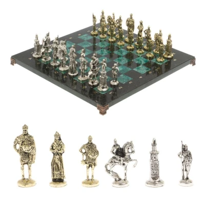 Шахматы из камня с металлическими фигурами "Русь" доска 40х40 см шабровский змеевик