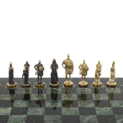 Шахматы "Русь" фигуры бронза доска 40х40 шабровский змеевик