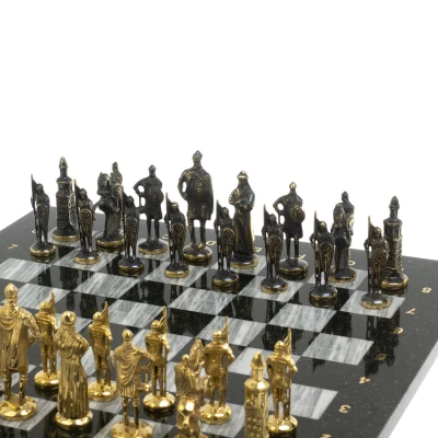 Шахматы "Русь" бронза доска 40х40 см серый мрамор змеевик