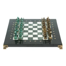 Шахматы каменные "Лучники" бронза / патина 28см змеевик/мрамор