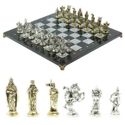 Шахматы каменные "Рыцари крестоносцы" 44х44 см из змеевика и серого мрамора