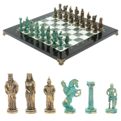 Шахматы подарочные "Александр Макендонский" фигуры бронза / патина мрамор змеевик 36