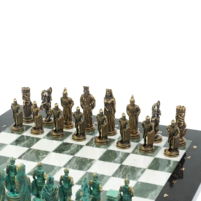 Шахматы подарочные "Александр Макендонский" фигуры бронза / патина мрамор змеевик 36