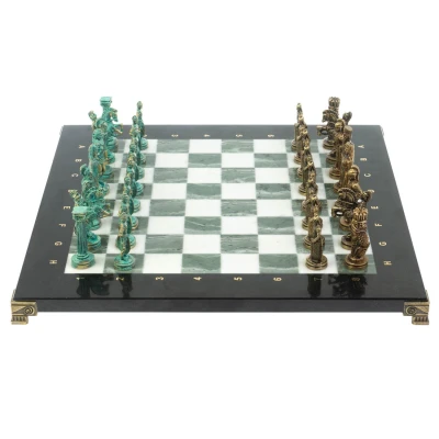 Шахматы подарочные "Александр Макендонский" фигуры бронза / патина мрамор змеевик 36