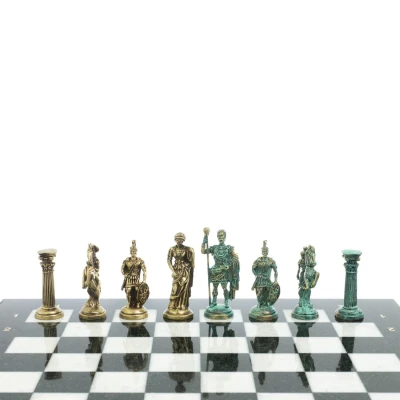 Шахматы каменные Римские войны фигуры бронза/патина 44 см мрамор змеевик