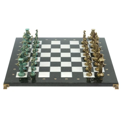 Шахматы каменные Римские войны фигуры бронза/патина 44 см мрамор змеевик