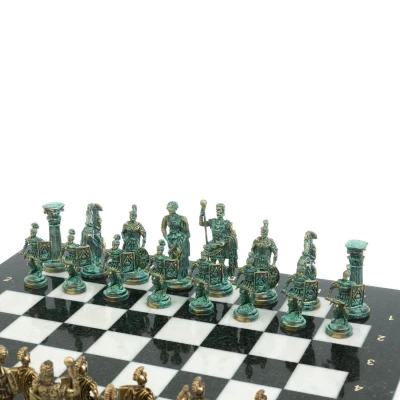 Шахматы каменные Римские войны фигуры бронза/патина 44 см мрамор змеевик