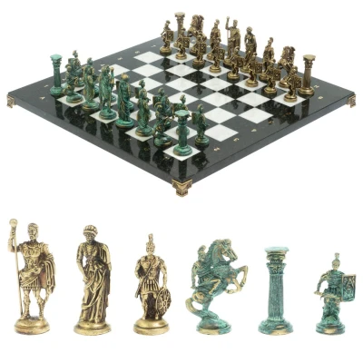 Шахматы каменные Римские войны фигуры бронза/патина 44 см мрамор змеевик