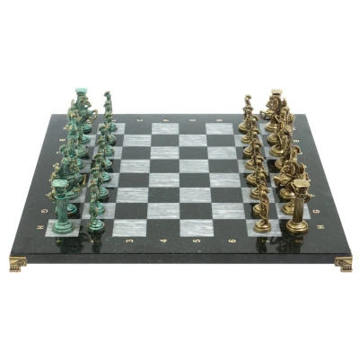 Шахматы "Римские войны" фигуры бронза / патина 44х44 см серый мрамор