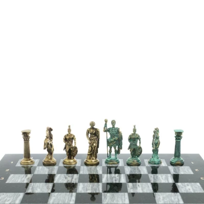 Шахматы "Римские войны" фигуры бронза / патина 44х44 см серый мрамор