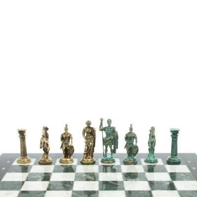Шахматы "Римские войны" фигуры бронза / патина 44х44 см мрамор змеевик