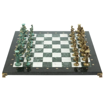 Шахматы "Римские войны" фигуры бронза / патина 44х44 см мрамор змеевик