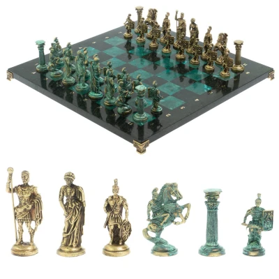 Шахматы "Римские войны" фигуры бронза / патина 44х44 см змеевик