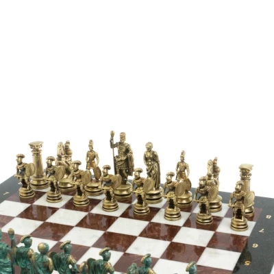 Шахматы "Древний Рим" фигуры бронза / патина 44х44 см лемезит мрамор