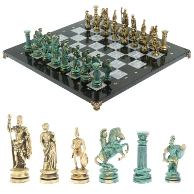 Шахматы каменные "Древний Рим" фигуры бронза / патина 44х44 см серый мрамор