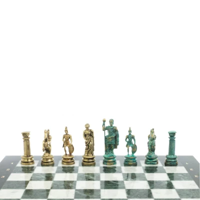 Шахматы "Древний Рим" фигуры бронза / патина 44х44 см мрамор змеевик