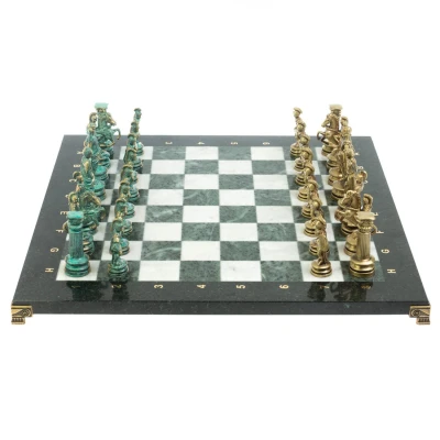 Шахматы "Древний Рим" фигуры бронза / патина 44х44 см мрамор змеевик