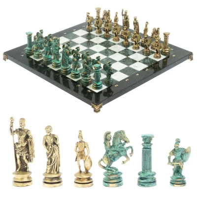 Шахматы "Древний Рим" фигуры бронза / патина 44х44 см мрамор змеевик