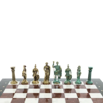 Шахматы "Древний Рим" фигуры бронза / патина 44х44 см змеевик