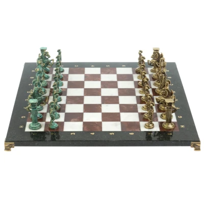 Шахматы "Древний Рим" фигуры бронза / патина 44х44 см змеевик