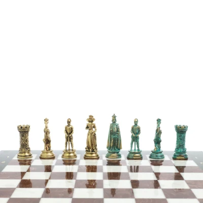 Шахматы "Средневековые рыцари" фигуры бронза / патина 44х44 см мрамор лемезит