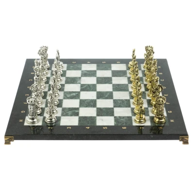 Шахматы "Средневековые рыцари" доска мрамор / змеевик 44х44